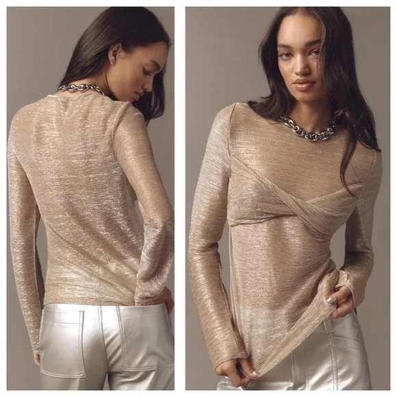 NWT By Anthropologie Twist-Front Shine Top in Gold Sz XL - Picture 1 of 10